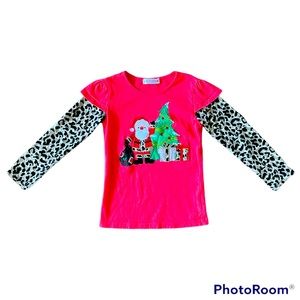 Girls Leopard Print Santa Christmas Long Sleeve Shirt Size 6 Heather Feather
